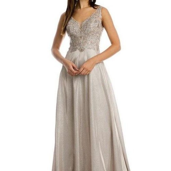 V-Neck Sequin Bodice Evening Dress JT219 - Picture 1 of 5